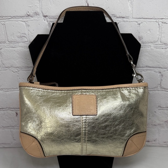 Coach Handbags - Coach Metallic Pouchette Small Shoulder Bag Wristlet Tan Leather Trim